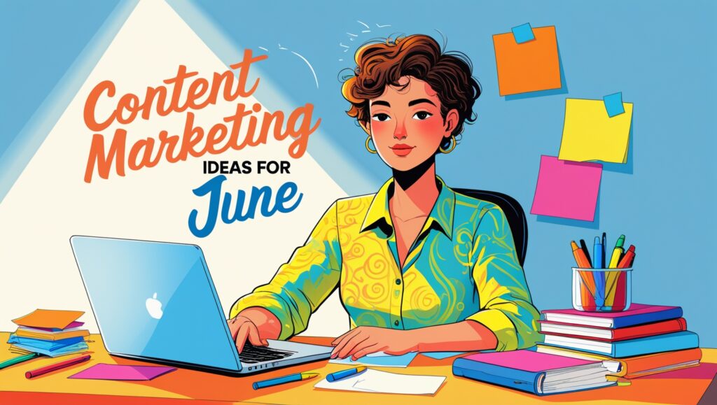 Graphic featuring a summer-themed design with a list of content marketing ideas for June, including Father's Day promotions, mid-year reviews, World Environment Day campaigns, and tech trend highlights. The image incorporates icons such as a sun, calendar, and marketing tools, evoking a vibrant and creative atmosphere.