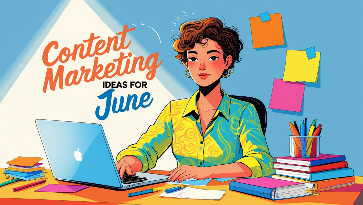 Graphic featuring a summer-themed design with a list of content marketing ideas for June, including Father's Day promotions, mid-year reviews, World Environment Day campaigns, and tech trend highlights. The image incorporates icons such as a sun, calendar, and marketing tools, evoking a vibrant and creative atmosphere.